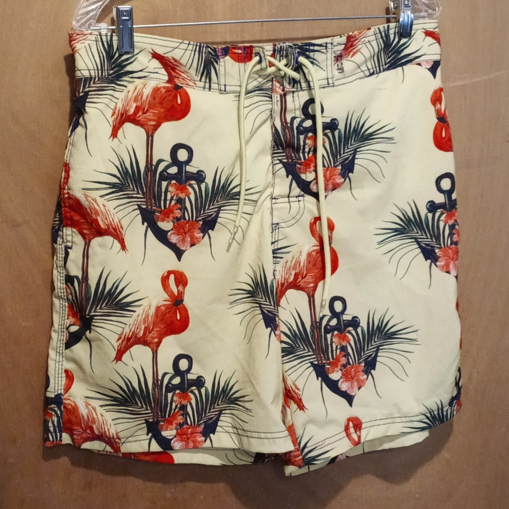 Uzzi Hawaiian Flamingo Print Swim Trunks, Size XXL Anchor Hibiscus More Yellow